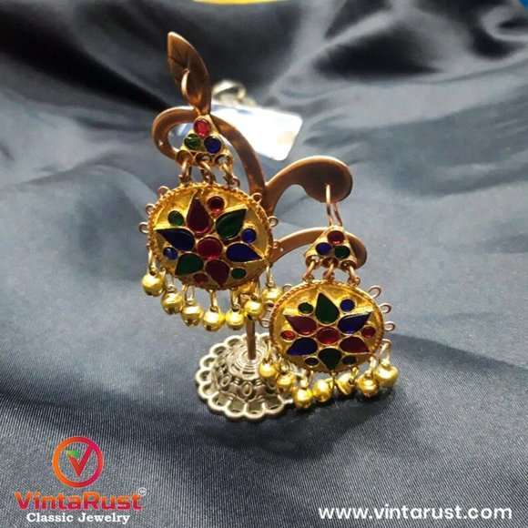 Golden Kuchi Dangle Earrings: Multicolor Glass Stone Tribal Jewelry - Picture 5 of 8